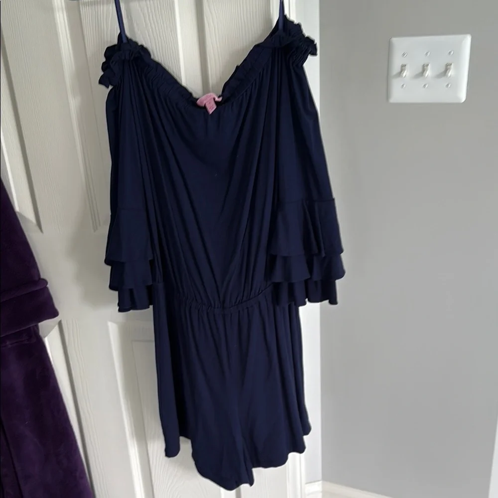 Navy Off-Shoulder Ruffle Romper - Picture 1 of 5